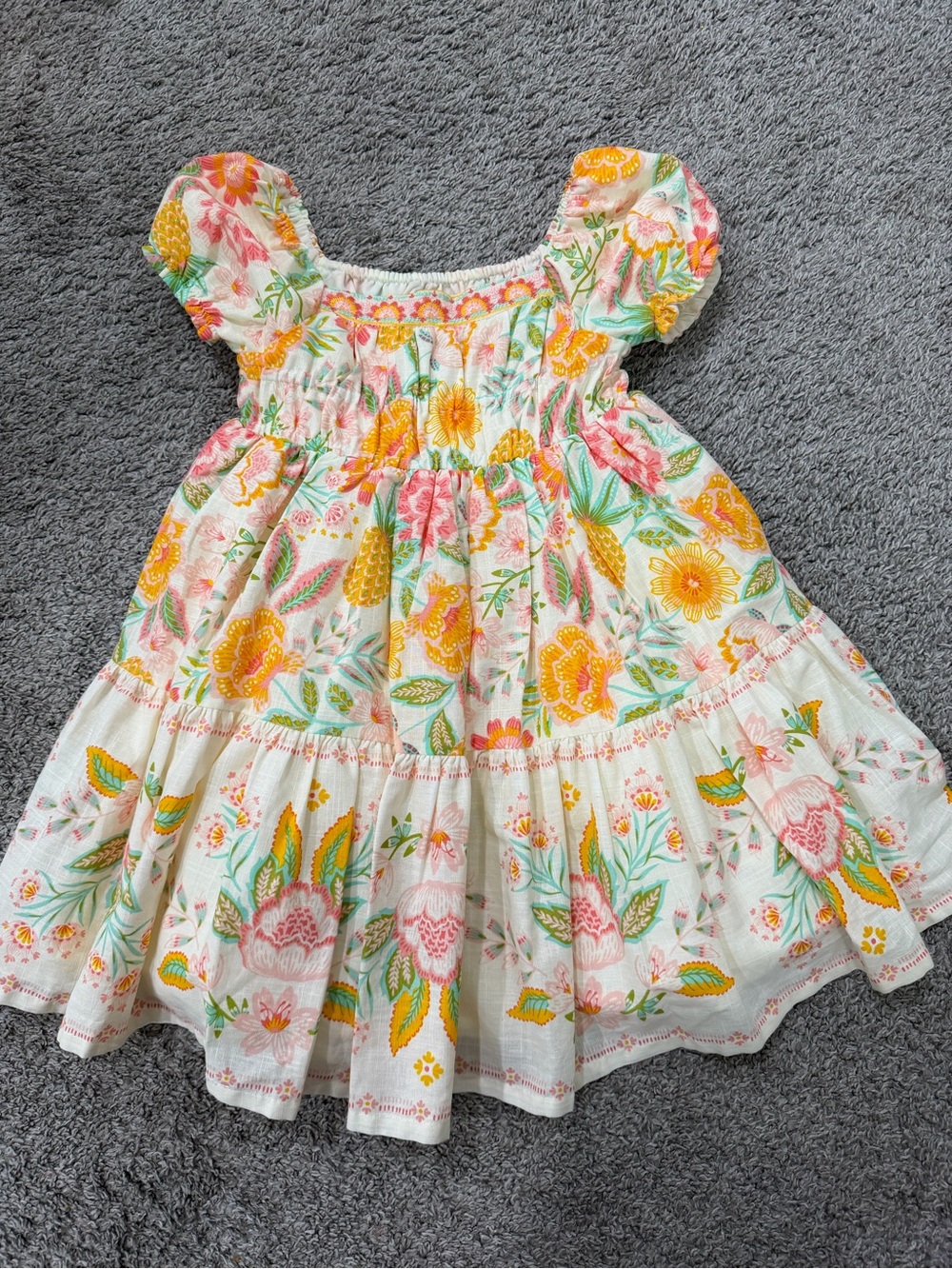 Rachel Zoe White Floral Smocked Puff-Sleeve Dress with Yellow & Pink Accents